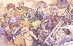 Rule 34 | 6+boys, armor, bandana, bartz klauser, black gloves, black hair, black jacket, blonde hair, blue eyes, boots, broken, broken weapon, brown eyes, brown hair, buster sword, cape, capelet, cecil harvey, cloak, cloud strife, commentary request, dagger, dissidia 012 final fantasy, dissidia final fantasy, double-blade, dual wielding, earrings, elbow gloves, engine blade, everyone, eyes visible through hair, fighting stance, final fantasy, final fantasy i, final fantasy ii, final fantasy iii, final fantasy iv, final fantasy ix, final fantasy v, final fantasy vi, final fantasy vii, final fantasy viii, final fantasy x, final fantasy xii, final fantasy xiii, final fantasy xv, fingerless gloves, firion, flower, freelancer, gauntlets, gloves, green eyes, gun, gunblade, hair between eyes, hair ornament, half gloves, hat, headband, helmet, hirano katsuyuki, holding, holding sword, holding weapon, hood, hope estheim, horns, huge weapon, jacket, japanese armor, jewelry, knife, left-handed, locke cole, long hair, looking at viewer, luneth, male focus, manly, monkey tail, multiple boys, muscular, necklace, noctis lucis caelum, onion knight, open mouth, over shoulder, oversized object, partially fingerless gloves, pointing sword, ponytail, ready to draw, sheath, shirt, short hair, shoulder armor, simple background, single fingerless glove, single glove, smile, soldier, spiked hair, squall leonhart, square enix, standing, swallow sword, sword, sword over shoulder, tail, thief, thief (final fantasy), tidus, two-handed, upper body, vaan (ff12), vest, warrior of light (ff1), weapon, weapon on back, weapon over shoulder, white hair, zidane tribal