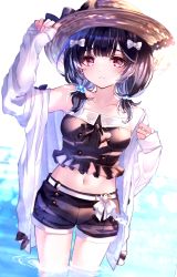 Rule 34 | 1girl, bare shoulders, belt, black hair, black shirt, black shorts, bow, breasts, closed mouth, collarbone, frown, granblue fantasy, hair bobbles, hair bow, hair ornament, hand on headwear, hat, highres, jacket, long sleeves, looking at viewer, low twintails, midriff, navel, off shoulder, purple eyes, shirt, short twintails, shorts, sleeves past wrists, small breasts, solo, strapless, strapless shirt, straw hat, swimsuit, twintails, vikala (granblue fantasy), wading, water, white jacket, yoake