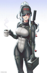 Rule 34 | 1girl, ammunition box, assault rifle, bodysuit, box, breasts, coffee, coffee mug, commentary, cup, english commentary, eyepatch, feet out of frame, genkai zero, gun, hat, headphones, highres, holding, holding box, holding cup, large breasts, mug, original, rifle, solo, thigh strap, valestina, valestina (genkai zero), weapon, weapon on back