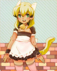 Rule 34 | 1boy, animal ears, apron, bell, blonde hair, cat boy, cat ears, cat tail, green eyes, inazuma eleven, inazuma eleven (series), long hair, maid, male focus, miyasaka ryou, neck bell, nipples, pink thighhighs, smile, solo, tail, tan, thighhighs, trap