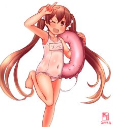 Rule 34 | 1girl, armpits, artist logo, bad feet, barefoot, brown eyes, brown hair, character name, child, commentary request, dark-skinned female, dark skin, dated, fang, feet out of frame, female focus, hair between eyes, hair ribbon, highres, holding, holding swim ring, innertube, kanon (kurogane knights), kantai collection, libeccio (kancolle), long hair, name tag, navel, one-piece swimsuit, one-piece tan, one eye closed, open mouth, parted bangs, ribbon, school swimsuit, see-through, simple background, skin fang, solo, standing, standing on one leg, swim ring, swimsuit, tan, tanline, twintails, v, very long hair, white background, white one-piece swimsuit, white ribbon, white school swimsuit