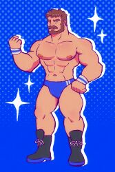 Rule 34 | 1boy, abs, absurdres, bara, beard, blue background, boots, brown hair, clenched hand, duke (orangelionduke), facial hair, full beard, full body, highres, large pectorals, looking at viewer, male focus, mature male, muscular, muscular male, navel, nipples, original, pectorals, short hair, solo, sparkle background, standing, stomach, thick eyebrows, thighs, topless male, tsurime, wrestler