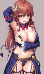 Rule 34 | areola slip, arm behind head, arm up, armpits, blue panties, bow, bowtie, breasts, brown eyes, brown hair, cameltoe, covered erect nipples, cowboy shot, curled horns, demon girl, demon horns, demon tail, detached collar, detached sleeves, frilled sleeves, frills, grey background, hair between eyes, hand up, horns, lambda (kusowarota), large breasts, legs together, long hair, looking at viewer, machikado mazoku, navel, open mouth, paid reward available, panties, purple bow, purple bowtie, shiny skin, simple background, standing, tail, underwear, wide sleeves, yellow eyes, yoshida yuuko (machikado mazoku)