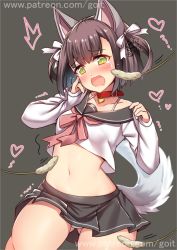 Rule 34 | 1girl, animal ears, azur lane, black hair, blush, bow, collar, collarbone, commentary request, drooling, fake animal ears, fang, female focus, gluteal fold, go-it, green eyes, hair bow, hair ribbon, heart, looking at viewer, navel, panties, pantyshot, pleated skirt, ribbon, school uniform, serafuku, shiratsuyu (azur lane), short hair, simple background, skirt, solo, standing, standing on one leg, tail, tickling, trembling, two side up, underwear, watermark, web address, white panties, wolf tail