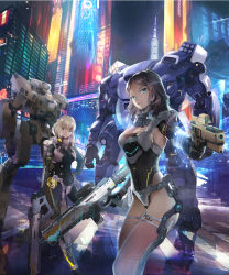 Rule 34 | 2girls, blonde hair, blue eyes, bodysuit, breasts, brown hair, cityscape, clare (543), cleavage, dual wielding, green eyes, gun, holding, holographic interface, long hair, looking at viewer, mecha, multiple girls, original, pilot suit, robot, skin tight, smile, weapon