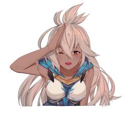 Rule 34 | 1girl, arm up, armpits, blue dress, breasts, bustier, collarbone, dark-skinned female, dark skin, dress, granblue fantasy, hair between eyes, highres, hooded dress, kaiend, long hair, looking at viewer, medium breasts, one eye closed, open mouth, red eyes, simple background, smile, solo, transparent background, twitter username, upper body, very long hair, white background, white hair, zooey (granblue fantasy)