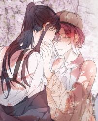 Rule 34 | 2girls, black hair, blush, brown hat, cherry blossoms, closed mouth, dappled sunlight, day, forehead-to-forehead, gradient hair, hand on another&#039;s face, hat, heads together, highres, illusion moon, long hair, long sleeves, multicolored hair, multiple girls, off shoulder, outdoors, parted lips, path to nowhere, ponytail, purple hair, rahu (path to nowhere), shalom (path to nowhere), shirt, sleeveless, sleeveless shirt, smile, sunlight, upper body, white hair, white shirt, yuri
