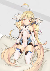 Rule 34 | 1girl, absurdres, ahoge, arms at sides, azur lane, bed, blonde hair, bodysuit, breasts, collarbone, detached sleeves, eldridge (azur lane), facial tattoo, from above, full body, hair ornament, hairclip, halterneck, head tilt, highres, indoors, leotard, long hair, looking at viewer, low twintails, navel, no pants, pelvic curtain, red eyes, seiza, sideboob, sitting, small breasts, smile, solo, spread legs, tattoo, thighhighs, twintails, very long hair, white thighhighs