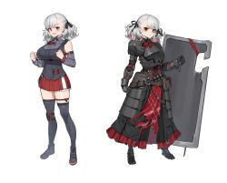 Rule 34 | 12-gauge, 12-gauge (2 3/4 inch shell), 1girl, :d, absurdres, ammunition, armor, asymmetrical legwear, black ribbon, bow, bowtie, breasts, clenched hands, detached sleeves, faulds, full body, gauntlets, girls&#039; frontline, grey hair, grey thighhighs, hair ribbon, high brass, highres, knee pads, labyrinth of the dark, large breasts, looking at viewer, official alternate costume, open mouth, overpressure ammunition, plate armor, pleated skirt, red eyes, red skirt, ribbon, shield, shotgun shell, shoulder pads, simple background, single knee pad, skirt, smile, spas-12 (girls&#039; frontline), spas-12 (goblin huntress) (girls&#039; frontline), thighhighs, torn clothes, uneven legwear, urrrt, white background