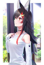 Rule 34 | 1girl, animal ears, asymmetrical clothes, asymmetrical shirt, bare shoulders, black collar, black hair, blush, breasts, closed mouth, clothing cutout, collar, from side, hair between eyes, hair ornament, hairclip, hand on own chest, highres, hololive, long hair, long sleeves, looking away, low-tied long hair, medium breasts, midori matsukaze, multicolored hair, ookami mio, ookami mio (casual), red hair, shirt, shoulder cutout, sidelocks, smile, solo, streaked hair, upper body, very long hair, virtual youtuber, white shirt, wolf ears, yellow eyes