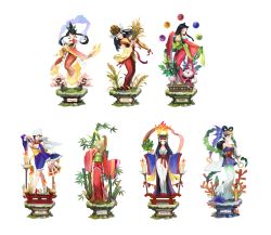 Rule 34 | 6+girls, bad id, bad pixiv id, bamboo, black hair, blonde hair, breasts, character name, cherry blossoms, cleavage, faux figurine, fire, highres, himiko (ookami), hong yun ji, japanese clothes, kaguya, kaguya (ookami), kimono, kushi, long hair, medium breasts, multiple girls, obi, ofuda, ookami (game), otohime, princess fuse, rao, sakuya (ookami), sash, tsuzurao