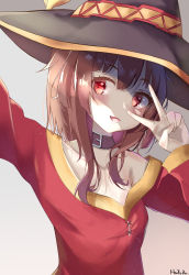 Rule 34 | 1girl, arm up, blush, brown choker, brown hair, brown hat, choker, commentary, dress, gradient background, harurunoe, hat, highres, kono subarashii sekai ni shukufuku wo!, long sleeves, looking to the side, megumin, open mouth, red dress, red eyes, shadow, short hair with long locks, signature, smile, solo, upper body, v over eye, witch hat