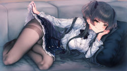 Rule 34 | 1girl, black bow, black bowtie, black hair, black pantyhose, black skirt, blunt bangs, blush, bow, bowtie, clothes lift, couch, cushion, frilled shirt, frills, hand on own cheek, hand on own face, high-waist skirt, highres, idolmaster, idolmaster shiny colors, lifted by self, looking at viewer, lying, mayuzumi fuyuko, on side, panties, panties under pantyhose, pantyhose, petticoat, revision, shirt, shirt tucked in, skirt, skirt hold, skirt lift, smile, solo, thighband pantyhose, two side up, underwear, wakaba (945599620)