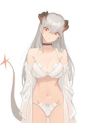 Rule 34 | 1girl, arknights, bare shoulders, black choker, bra, breasts, choker, cleavage, commentary, cowboy shot, hair between eyes, head tilt, highres, horns, jason kim, long hair, looking at viewer, medium breasts, navel, off shoulder, open clothes, open shirt, orange eyes, panties, saria (arknights), shirt, silver hair, simple background, solo, standing, stomach, tail, underwear, white background, white bra, white panties, white shirt