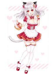 Rule 34 | 1girl, :d, animal ears, apron, breasts, cat ears, cat girl, cat tail, cleavage, diagonal stripes, dress, food, frilled apron, frilled thighhighs, frills, fruit, full body, grey hair, hair ornament, hairclip, heart, highres, holding, holding food, large breasts, long hair, looking at viewer, maid, maid headdress, open mouth, original, pleated dress, puffy short sleeves, puffy sleeves, red dress, red eyes, red footwear, shikito (yawa0w0), shoes, short sleeves, simple background, smile, solo, strawberry, striped, striped background, tail, thighhighs, two side up, white apron, white background, white thighhighs