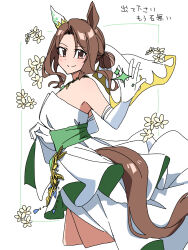 Rule 34 | 1girl, animal ears, bare shoulders, bride, brown eyes, brown hair, clothes lift, dress, dress lift, durindana 7, ear covers, elbow gloves, gloves, highres, horse ears, horse girl, horse tail, jewelry, king halo (evergreen identity) (umamusume), king halo (umamusume), looking at viewer, necklace, single ear cover, smile, solo, tail, umamusume, wedding dress, white dress, white gloves