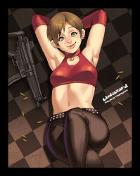 Rule 34 | 1girl, alternate costume, armpits, arms behind head, bad id, bad pixiv id, belt, blush, breasts, brown hair, bullet, casual, character name, checkered floor, choker, crossed legs, earrings, elbow gloves, floor, gloves, green eyes, gun, h&amp;k mp5, halterneck, head tilt, heckler &amp; koch, jewelry, leather, leather pants, leather top, lips, lying, maou alba, midriff, navel, on back, pants, rebecca chambers, red gloves, resident evil, resident evil 0, short hair, small breasts, smile, solo, stud earrings, studded belt, submachine gun, weapon