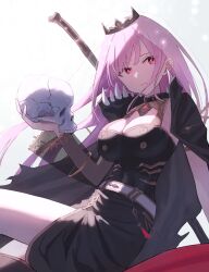 Rule 34 | 1girl, black cape, black dress, black thighhighs, breasts, cape, cleavage, detached sleeves, dress, highres, holding, holding skull, hololive, hololive english, large breasts, long hair, looking at viewer, mori calliope, pink hair, red eyes, scythe, see-through, see-through sleeves, shimizu tomoki, single detached sleeve, single thighhigh, skull, solo, spiked cape, thighhighs, veil, virtual youtuber