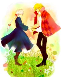 Rule 34 | 00s, 1boy, 1girl, argyle, blonde hair, boots, bow, braid, cape, dress, grass, hair bow, holding hands, hand on own chest, hetero, hand grab, howl, howl (howl no ugoku shiro), howl no ugoku shiro, jewelry, long hair, necklace, pendant, ponytail, smile, sophie, sophie (howl no ugoku shiro), studio ghibli, white hair, xxxceller