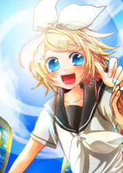 Rule 34 | 1girl, blonde hair, blue eyes, blush, kagamine rin, looking at viewer, open mouth, smile, solo, ui (rot), vocaloid