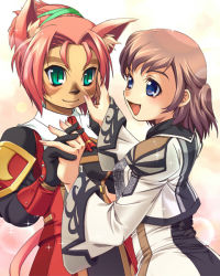 Rule 34 | 00s, 2girls, animal ears, blue eyes, final fantasy, final fantasy xi, gloves, green eyes, holding hands, hume, katy (artist), mithra (ff11), multiple girls, red hair, red mage (final fantasy), redmage, tail