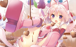 Rule 34 | 1000-chan, 1girl, :o, alternate color, animal ears, blush, boots, candy, cat ears, chocolate, chocolate heart, detached sleeves, food, heart, heart-shaped pupils, highres, mishima kurone, oizumi, pink hair, purple eyes, red thighhighs, short hair, sitting, solo, symbol-shaped pupils, thighhighs