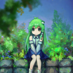 Rule 34 | 1girl, absurdres, aged down, bare shoulders, between legs, blue skirt, blue sky, blurry, day, depth of field, detached sleeves, frog hair ornament, gradient eyes, green hair, hair ornament, hair tubes, hand between legs, highres, hoshino arika, kochiya sanae, legs together, light smile, long hair, looking at viewer, multicolored eyes, nature, outdoors, plant, purple eyes, shirt, sitting, skirt, skirt set, sky, sleeveless, sleeveless shirt, snake, socks, solo, stone wall, touhou, v arms, wall, white socks