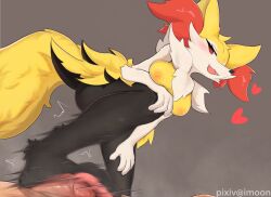 Rule 34 | 1boy, 1girl, animal ear fluff, animal ears, animal feet, animal nose, artist name, black fur, blush, body fur, braixen, breasts, claws, creatures (company), fang, footjob, fox ears, fox girl, fox tail, from below, furry, furry female, furry with non-furry, game freak, gen 6 pokemon, grey background, hand on own knee, hand on own leg, heart, imoon, interspecies, medium breasts, motion blur, motion lines, multicolored fur, neck fur, nintendo, open mouth, pawpads, penis, pixiv username, pokemon, pokemon (creature), pokephilia, simple background, smile, snout, solo focus, tail, uncensored, white fur, yellow fur