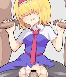 Rule 34 | 1girl, 3boys, alice margatroid, bar censor, between breasts, black pantyhose, blonde hair, blue dress, breasts, capelet, censored, clenched teeth, clothed sex, clothing aside, collared capelet, commentary, cookie (touhou), cowboy shot, double handjob, dress, frilled hairband, frills, grey background, group sex, hair between eyes, hair over eyes, hairband, handjob, hetero, hospital king, jigen (cookie), long bangs, medium breasts, medium hair, multiple boys, necktie, necktie between breasts, panties, panties aside, pantyhose, penis, pussy, red hairband, red necktie, red sash, sash, sex, simple background, solo focus, teeth, textless version, torn clothes, torn pantyhose, touhou, underwear, vaginal, white capelet, white panties