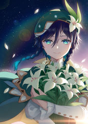 Rule 34 | 1boy, aliceseed, androgynous, beret, black hair, blue hair, bouquet, braid, cape, closed mouth, collared cape, collared shirt, commentary request, crying, crying with eyes open, falling petals, flower, frilled sleeves, frills, genshin impact, gradient hair, green cape, green eyes, green hat, hair flower, hair ornament, hat, hat flower, highres, holding, holding bouquet, leaf, long sleeves, looking at viewer, male focus, multicolored hair, night, night sky, petals, shirt, short hair with long locks, side braids, sidelocks, sky, smile, solo, sparkle, star (sky), starry sky, tears, twin braids, venti (genshin impact), white flower, white shirt