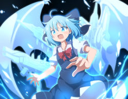 Rule 34 | 1girl, blue eyes, blue hair, bow, bowtie, cirno, cowboy shot, crossover, cryokinesis, do (4-rt), dress, duel masters, electricity, electrokinesis, fang, gun, hair bow, highres, light particles, open mouth, red bow, red bowtie, solo, touhou, weapon, wings