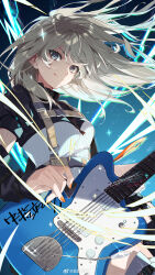 1girl absurdres black_arm_warmers black_shirt closed_mouth commentary electric_guitar floating_hair girls_band_cry grey_eyes grey_hair guitar highres holding holding_plectrum instrument kawaragi_momoka kuuhaku_to_catharsis long_hair looking_at_viewer nail_polish orange_nails plectrum fender_jazzmaster puffy_short_sleeves puffy_sleeves sapphire_ethu shirt short_sleeves sidelocks solo thighhighs weibo_watermark