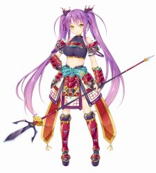 Rule 34 | 1girl, armor, breasts, covered erect nipples, full body, hair ribbon, hand on own hip, highres, holding, holding weapon, japanese armor, kazuma (kazumav), large breasts, long hair, looking at viewer, obi, official art, polearm, purple hair, ribbon, sash, sengoku hime 5, simple background, smile, solo, twintails, weapon, white background, yellow eyes, yukimura sanada