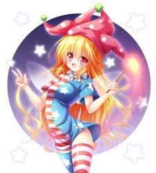 Rule 34 | 1girl, adapted costume, american flag dress, american flag legwear, breasts, clownpiece, dress, fairy wings, gradient background, hat, highres, jester cap, long hair, open mouth, osashin (osada), pink eyes, print dress, short dress, small breasts, smile, solo, star (symbol), striped clothes, striped dress, striped thighhighs, thighhighs, torch, touhou, v, very long hair, wings, zettai ryouiki