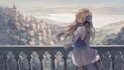 Rule 34 | 1girl, blonde hair, blue flower, building, closed mouth, commentary request, dress, flower, hair flower, hair ornament, hair over one eye, hotatenshi, isekai joucho, kamitsubaki studio, long hair, long sleeves, looking at viewer, looking back, outdoors, railing, standing, suitcase, virtual youtuber, white dress