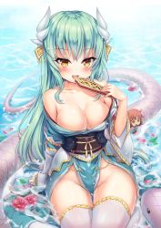 Rule 34 | 1girl, bare hips, bare shoulders, blush, breasts, character doll, cleavage, commentary request, dragon horns, fang, fate/grand order, fate (series), flower, fujimaru ritsuka (female), gold trim, green hair, highres, horns, japanese clothes, kiyohime (fate), long hair, medium breasts, milkshakework, obi, open mouth, pelvic curtain, sash, sitting, smile, snake, solo, thighhighs, water, white thighhighs, yellow eyes