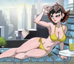 1girl 2024 2024s avengers_(series) bad_tag big_breasts bikini blue_eyes breasts brown_hair centinel303 city_background cleavage earrings female female_focus highres janet_van_dyne jewelry marvel marvel_animated_universe navel outdoors short_hair slim_female solo sunbathing sunglasses sunglasses_on_head swimsuit the_avengers:_earth&#039;s_mightiest_heroes thighs upwing_bell wasp_(earth&#039;s_mightiest_heroes) wasp_(marvel) wide_hips yellow_bikini