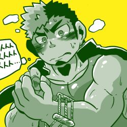 Rule 34 | 1boy, bara, blush, facial hair, goatee, hands up, holding, ikusaba daisuke, long sideburns, lucasuke, male focus, multicolored hair, multiple monochrome, muscular, muscular male, nervous, nervous sweating, pectorals, short hair, sideburns, singlet, solo, sweat, tokyo houkago summoners, translation request, two-tone hair, wrestling outfit, yellow background