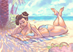 Rule 34 | 1girl, ass, barefoot, beach, beach towel, bikini, blue bikini, book, breasts, brown eyes, brown hair, capcom, head rest, chun-li, cleavage, crossed ankles, dappled sunlight, day, dimples of venus, double bun, earrings, feet, feet up, fringe trim, hair ornament, hair scrunchie, jewelry, large breasts, legs up, lying, maddestmao, nail polish, ocean, on stomach, open book, palm tree, reading, scrunchie, soles, solo, star (symbol), star earrings, street fighter, summer, sunlight, swimsuit, the pose, thick thighs, thighs, toes, towel, tree