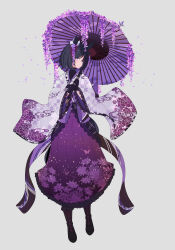 Rule 34 | 1girl, absurdres, alternate costume, amano haruka (sakogamitokuan), animal ears, black footwear, black gloves, black hair, bob cut, boots, commentary, cross-laced footwear, eishin flash (umamusume), floral print, flower, full body, gloves, grey background, hair flower, hair ornament, highres, holding, holding umbrella, horse ears, horse girl, japanese clothes, kimono, lace-up boots, long skirt, looking at viewer, oil-paper umbrella, pleated skirt, purple eyes, purple skirt, short hair, simple background, skirt, solo, umamusume, umbrella, wide sleeves