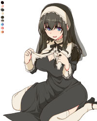 Rule 34 | 1girl, black dress, blue eyes, breasts, cleavage, cleavage cutout, clothing cutout, coif, color guide, dress, frilled shirt collar, frilled sleeves, frills, hair between eyes, idolmaster, large breasts, long hair, long sleeves, nun, open mouth, sagisawa fumika, simple background, sitting, smile, solo, thighhighs, toriga naku, wariza, white background, white thighhighs