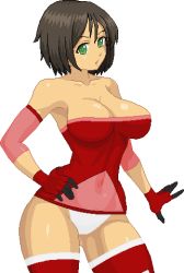 Rule 34 | 1girl, ahoge, aliasing, armor, bare shoulders, black gloves, black hair, breasts, brown hair, cleavage, contrapposto, cosplay, covered navel, cowboy shot, gauntlets, gloves, green eyes, hand on own hip, honchan, impossible clothes, impossible leotard, large breasts, leotard, looking at viewer, lowres, nchallenge, nchans, no bra, power armor, red gloves, see-through, senki zesshou symphogear, short hair, simple background, solo, standing, strapless, strapless leotard, thighhighs, warner, white background, yukine chris, yukine chris (cosplay)