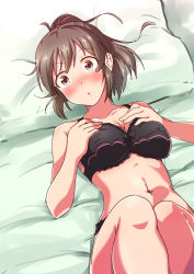Rule 34 | 1girl, bed sheet, black bra, black panties, blush, bra, breasts, brown hair, commentary, covered erect nipples, eyebrows, eyes visible through hair, frills, hands on own chest, high ponytail, hori yuuko, idolmaster, idolmaster cinderella girls, legs together, legs up, lingerie, looking at viewer, lying, medium breasts, navel, nose blush, o o, on back, on bed, open mouth, panties, pillow, ponytail, purple eyes, short ponytail, solo, surprised, susutaketakumi, underwear, wide-eyed