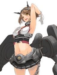 Rule 34 | 10s, 1girl, arm up, armpits, bare shoulders, black skirt, blush, breasts, brown eyes, brown hair, chain, collar, female focus, gloves, groin, hand on own chest, headgear, kantai collection, looking at viewer, machinery, midriff, miniskirt, mutsu (kancolle), navel, open mouth, personification, pleated skirt, short hair, simple background, skirt, smile, solo, standing, thigh gap, white background, white gloves, yasu (yossy)