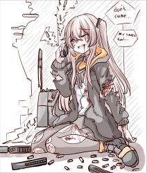 Rule 34 | !, 1girl, absurdres, black footwear, black jacket, black skirt, bleeding, blood, blood on clothes, blood on face, boots, brown hair, brown legwear, bullet, collared shirt, commentary, english commentary, english text, girls&#039; frontline, grey eyes, gun, h&amp;k ump, highres, holding, injury, jacket, long hair, magazine (object), one side up, peroronti, radio, ribbon, shirt, simple background, skirt, solo, speech bubble, submachine gun, tearing up, torn clothes, torn legwear, ump45 (girls&#039; frontline), weapon, white shirt