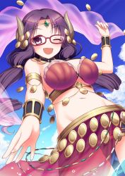 Rule 34 | 1girl, armlet, bracelet, breasts, cleavage, cloud, commentary, demon horns, glasses, highres, hip bones, horns, in water, jewelry, kaiba tomoyuki, large breasts, nanaka (princess connect!), nanaka (summer) (princess connect!), navel, ocean, princess connect!, purple eyes, purple hair, sky, solo, swimsuit, thighs, twintails