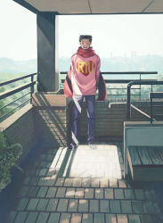Rule 34 | 1boy, ^ ^, ^o^, absurdres, ace attorney, arms behind back, balcony, black hair, closed eyes, closed eyes, full body, highres, iro saki, male focus, no bangs, phoenix wright, pink shirt, scarf, shirt, short hair, smile, solo, sunlight