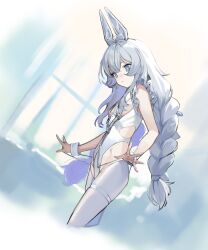 Rule 34 | + +, 1girl, :/, absurdres, animal ears, azur lane, blue eyes, braid, breasts, clothes pull, controlline3, cropped legs, cross-shaped pupils, fake animal ears, frills, from side, highres, le malin (azur lane), le malin (listless lapin) (azur lane), leotard, long braid, long hair, nontraditional playboy bunny, official alternate costume, pantyhose, playboy bunny, rabbit ears, small breasts, solo, symbol-shaped pupils, thigh strap, twin braids, white hair, white leotard, white pantyhose, white wrist cuffs, wrist cuffs