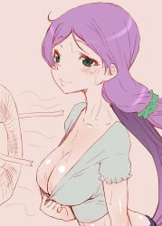 Rule 34 | 10s, 1girl, breasts, clothes pull, collarbone, electric fan, green eyes, hot, large breasts, long hair, love live!, love live! school idol project, midriff, purple hair, shinama, shiny skin, shirt pull, simple background, sweat, tojo nozomi, twintails