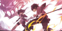Rule 34 | 1boy, 1girl, bare shoulders, black hair, breasts, closed mouth, embers, fighting, fighting stance, floating hair, highres, holding, holding sword, holding weapon, leotard, long hair, mechanical legs, monster, open mouth, original, ready to draw, red eyes, scar, scar on face, short hair, short sleeves, small breasts, standing, sword, thigh strap, weapon, white background, white leotard, zhaoyuan pan